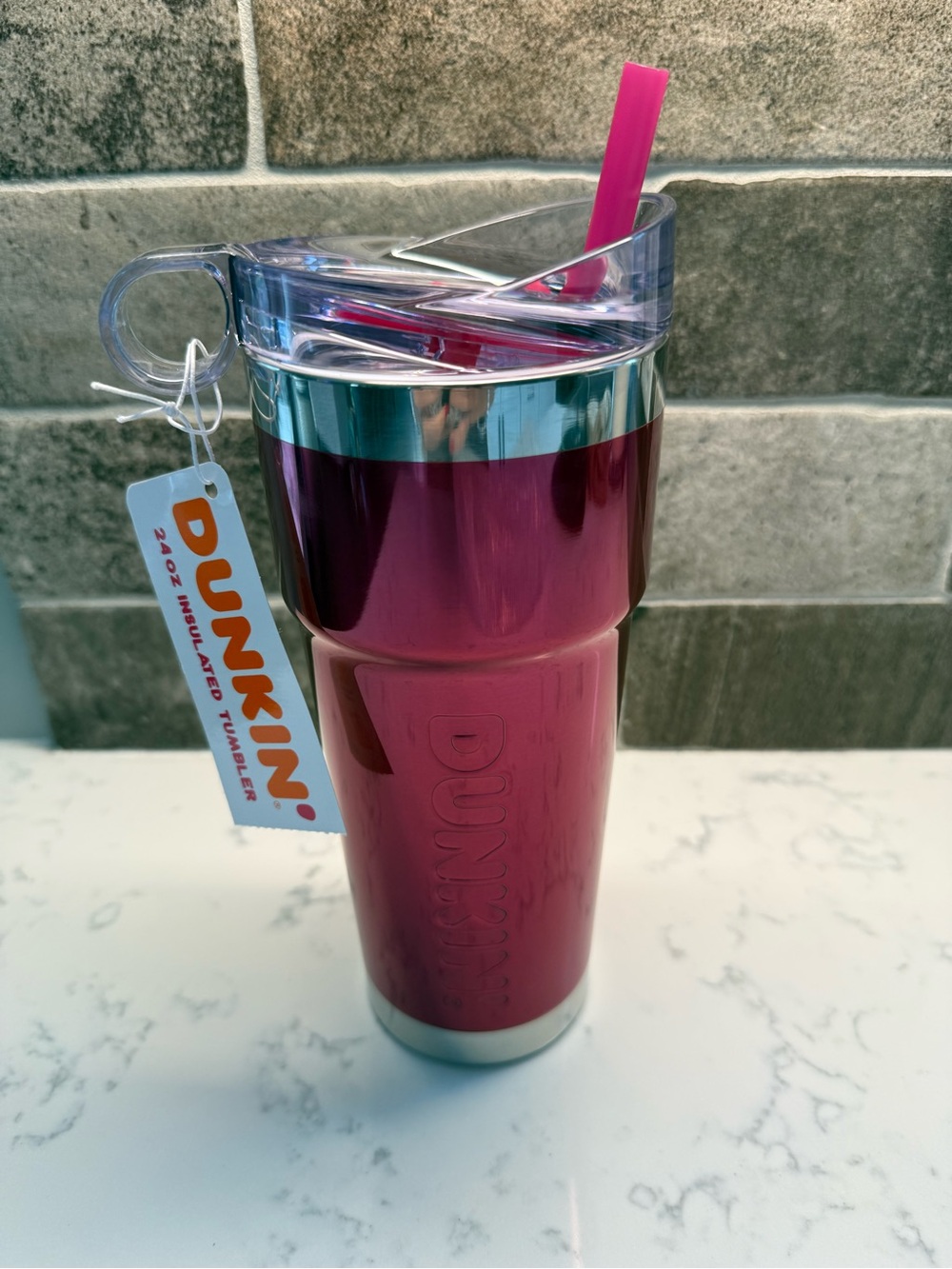 NEW RARE DUNKIN Donuts Pink Foil Metallic 24oz Insulated Tumbler Loop Travel Mug